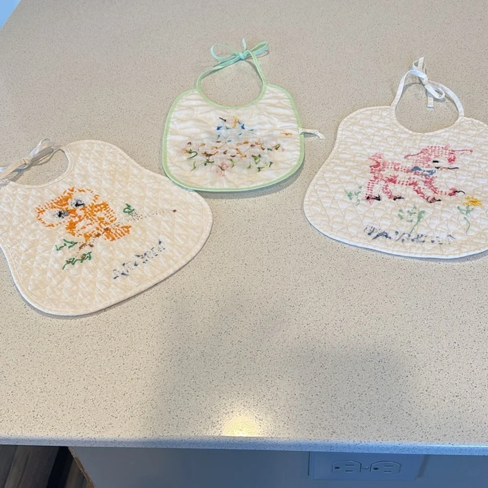 Vintage Cross Stitch Embroidered Baby Little Lamb Wise Owl baby blue bird set 3